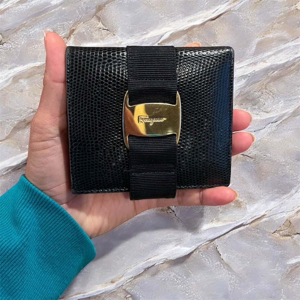 Salvatore Ferragamo Black Textured Wallet with Gold Accent